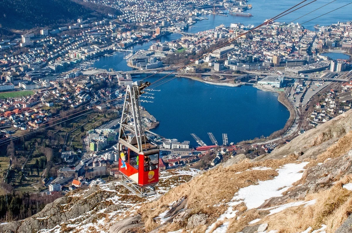 Cable car going up a mountain with the harbor below