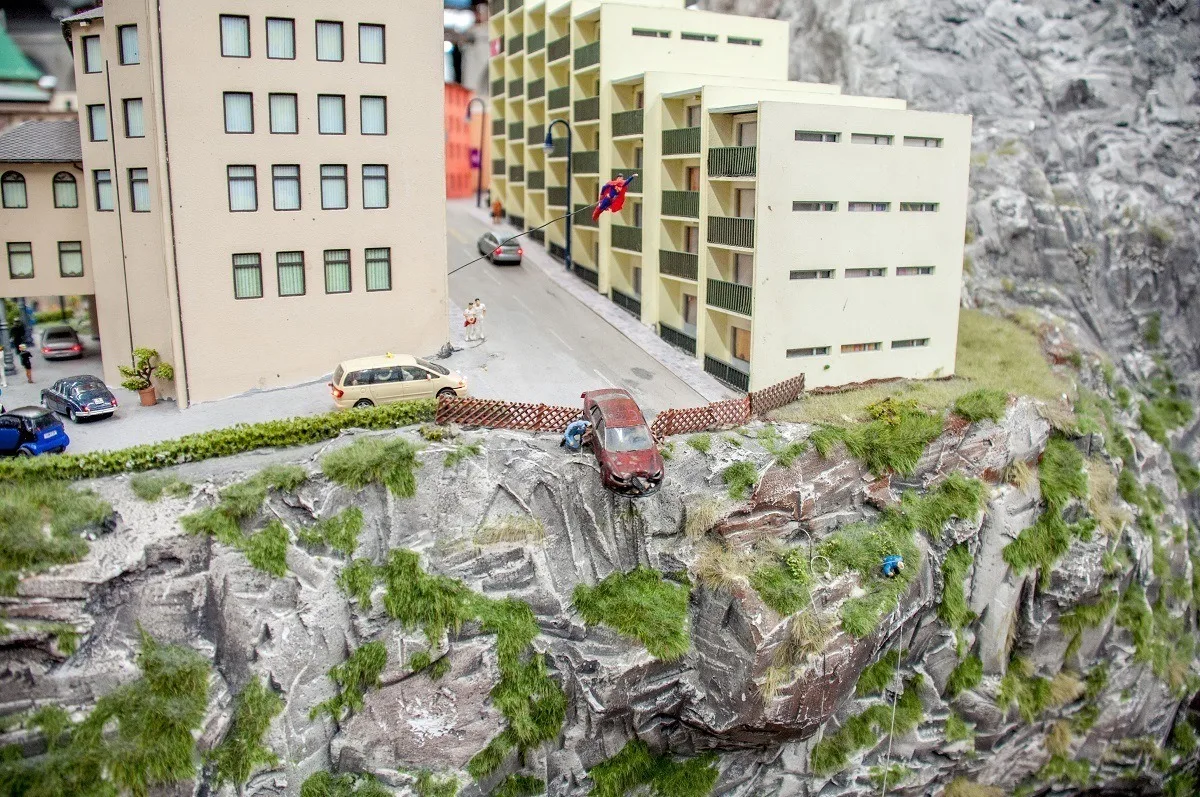 Fanciful recreations of Superman saving a car going off a cliff