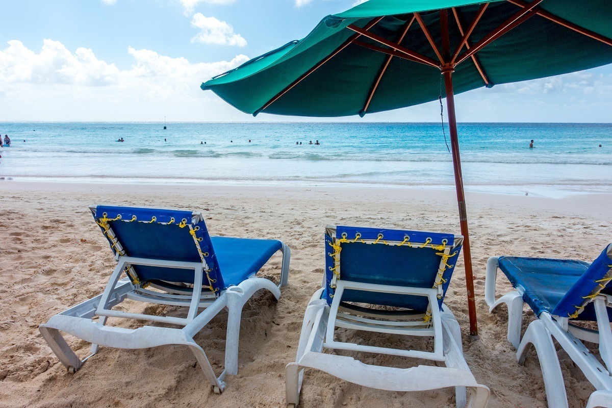 Lounge chairs and umbrella on Rockley Beach overlooking the ocean