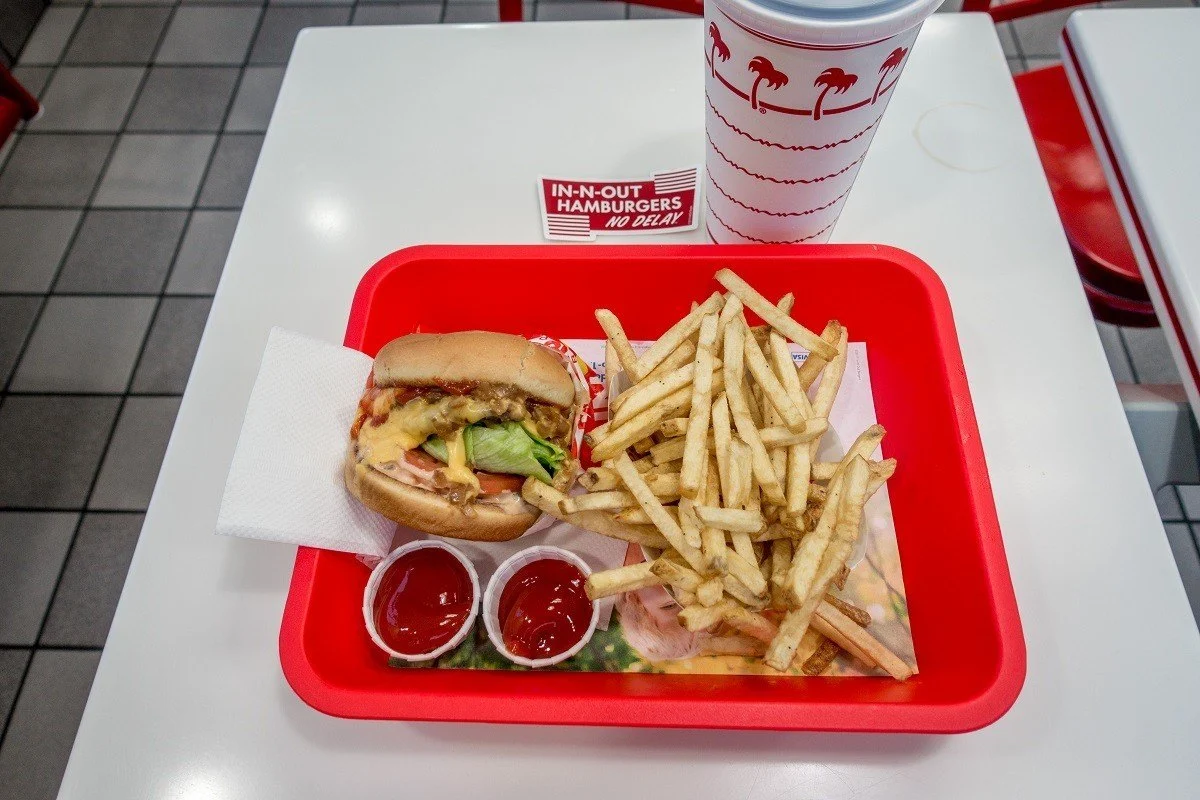 Hamburger, fries and drink at In-N-Out Burger