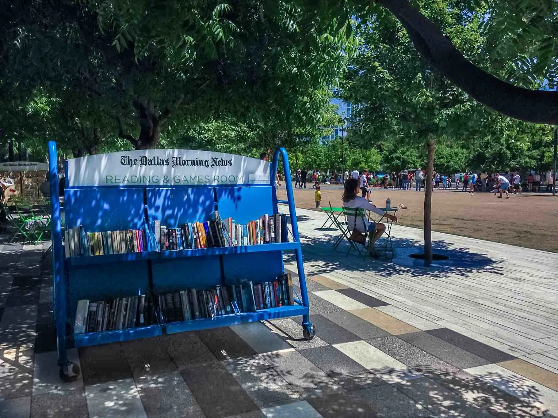 Reading area and books on shelf in a park