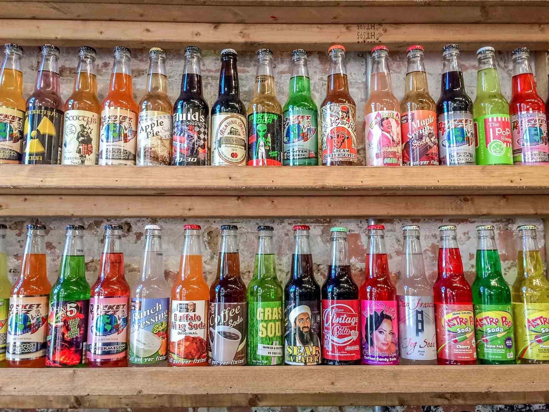 Soda bottles on shelves 
