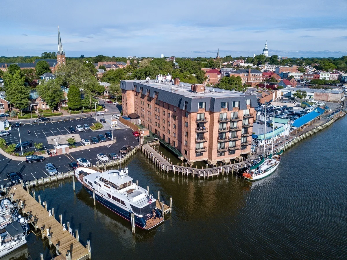 Aerial photography of the Annapolis Waterfront Hotel, the only hotel right on the water in downtown Annapolis
