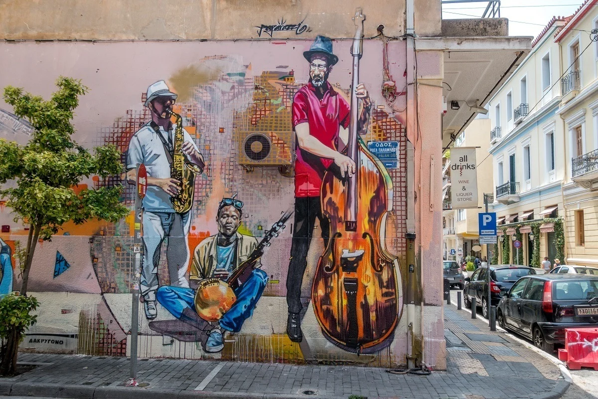 Street art mural of musicians in Athens