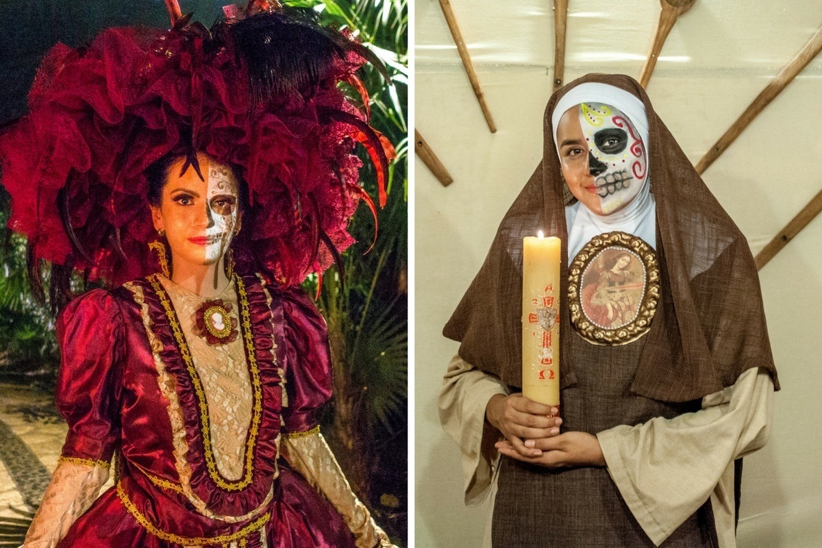 Various Day of the Dead figures at Xcaret in Mexico