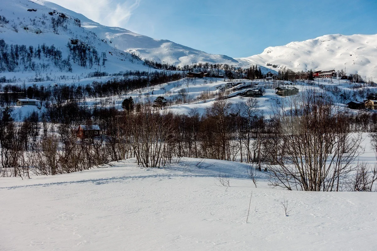 The snowy, hilly Norwegian countryside with bare trees. 