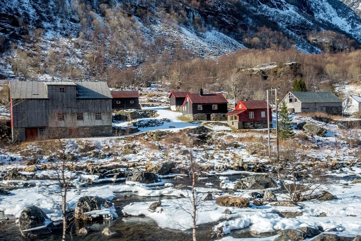 Colorful buildings along the Flam railway as seen on a DIY Norway in a Nutshell tour.