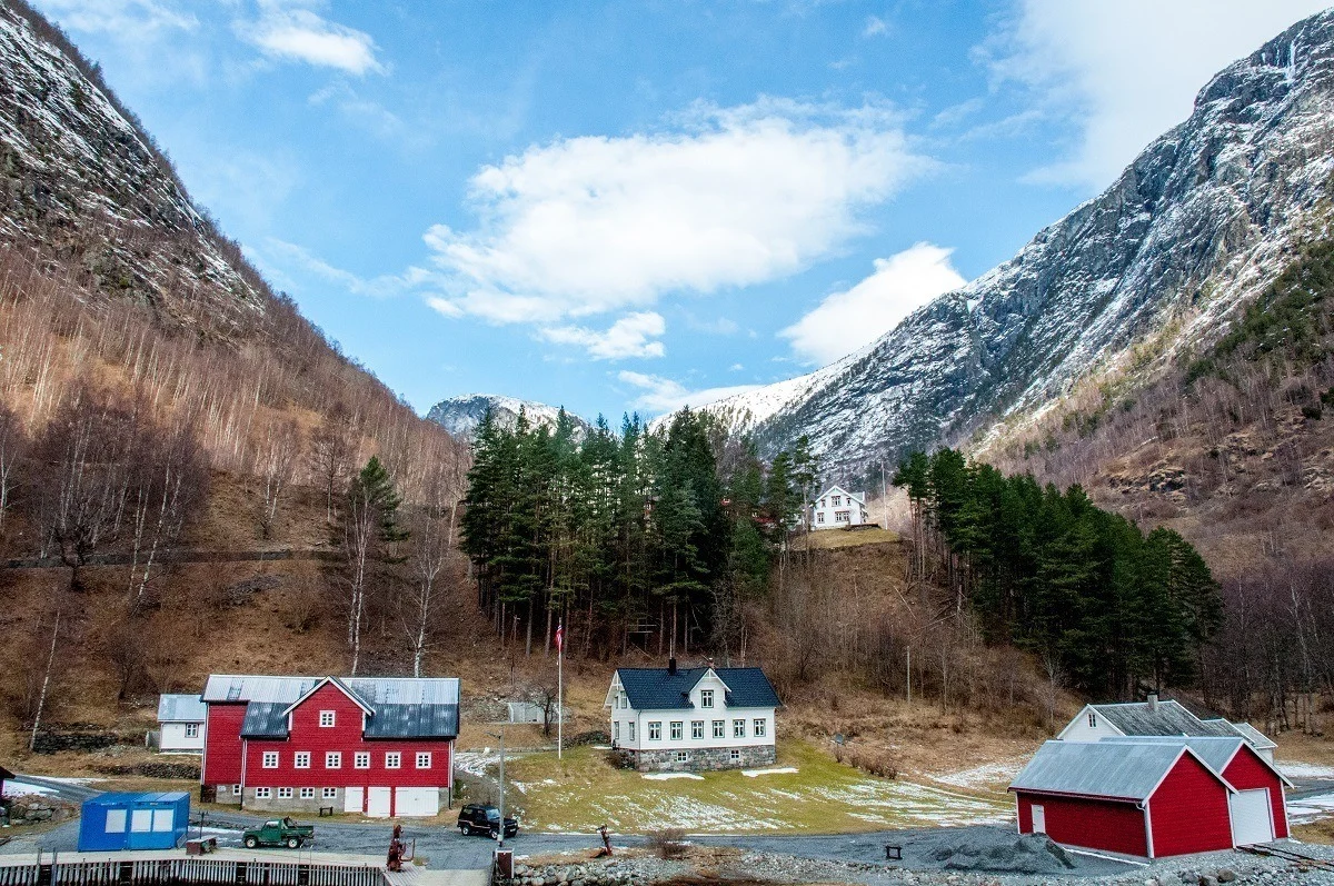 Colorful buildings along one of the fjords.