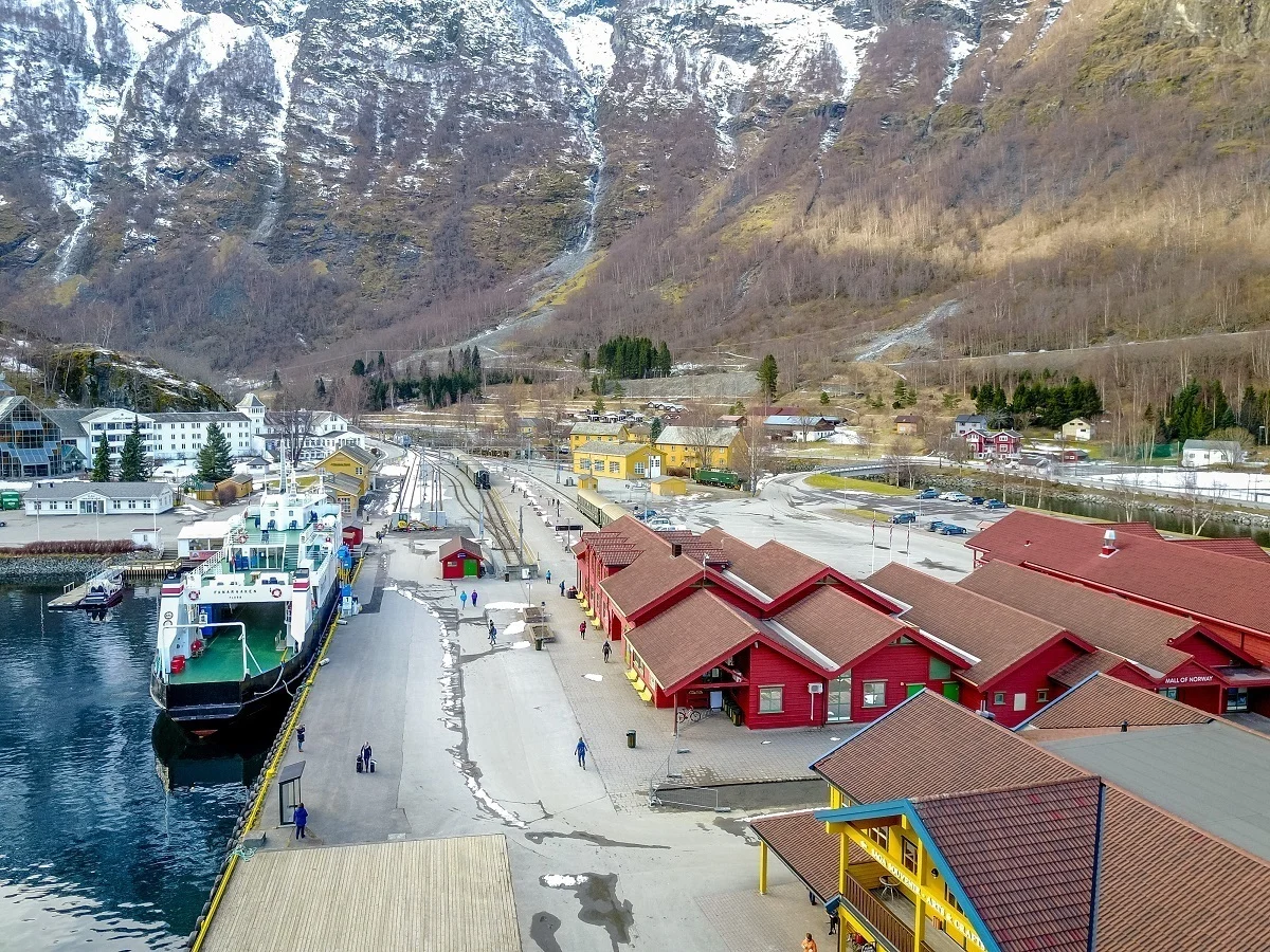 Overhead view of buildings and harbor 