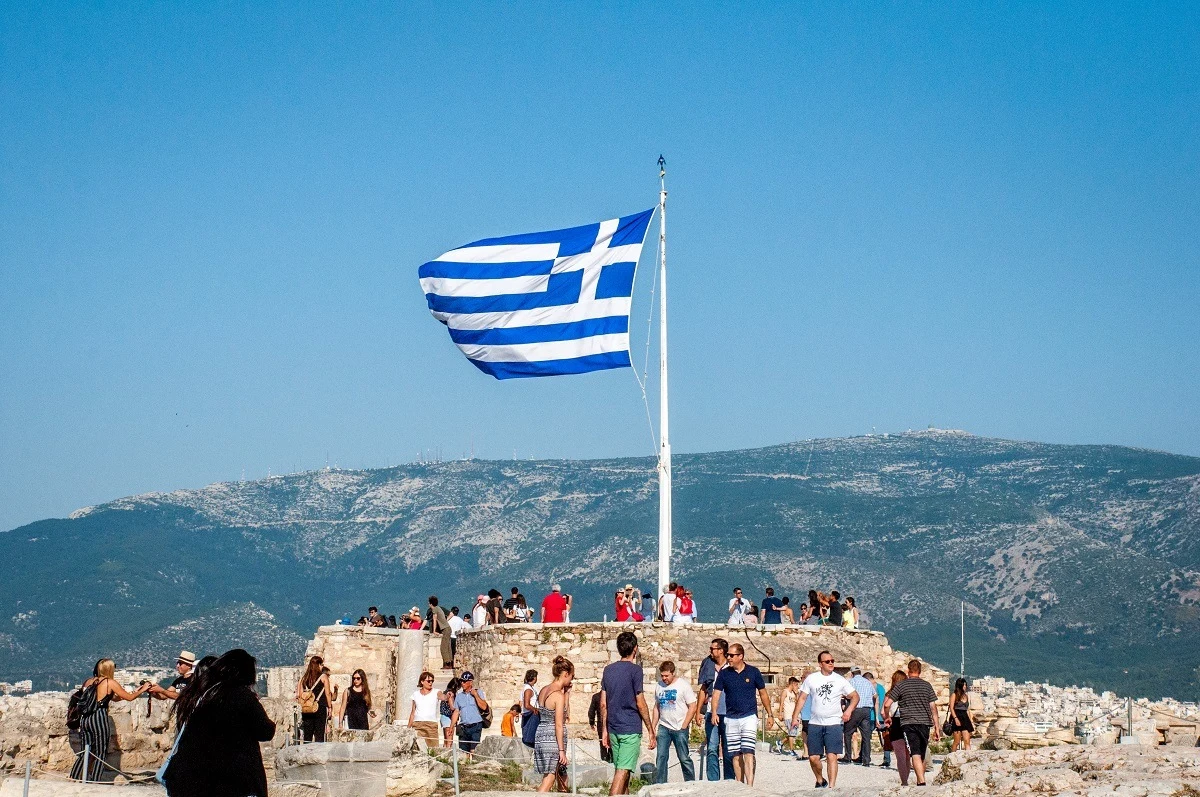 Flag on top of the Acropolis in Athens, Greece