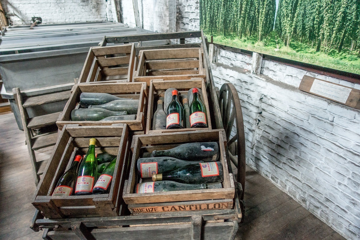 Bottles on display at Cantillon Brewery in Brussels, Belgium