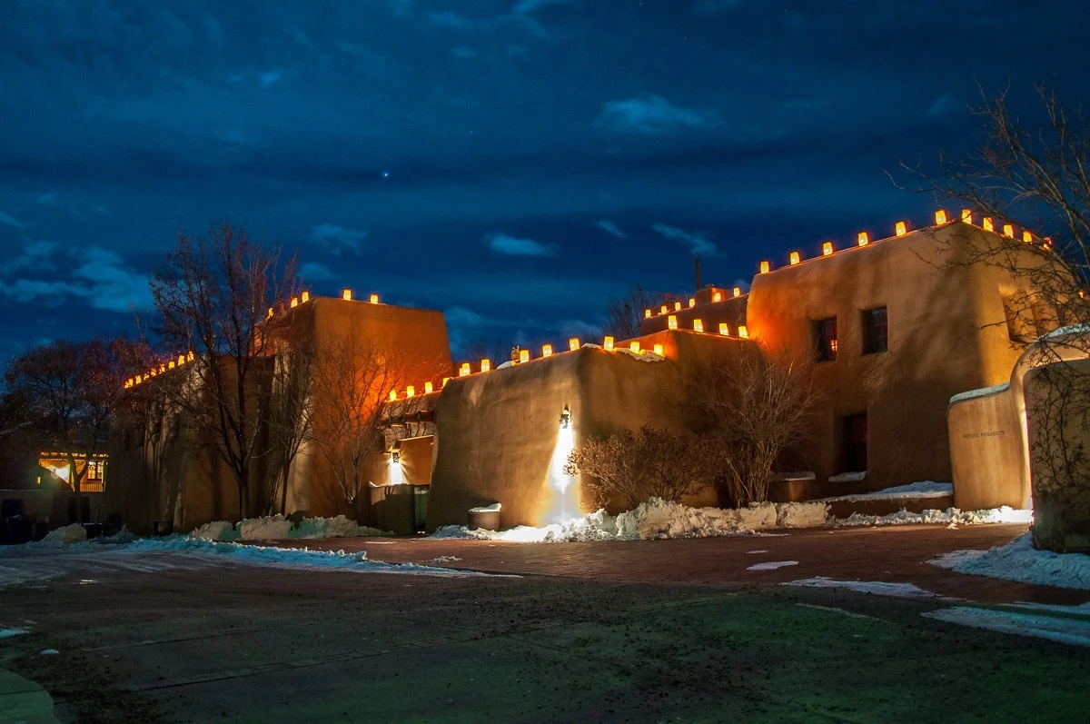 The farolito lanterns on adobe buildings along Santa Fe's Canyon Road