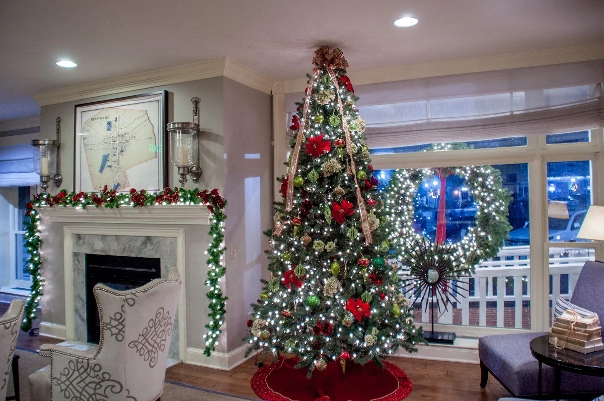 Hotel lobby decorated at Christmas