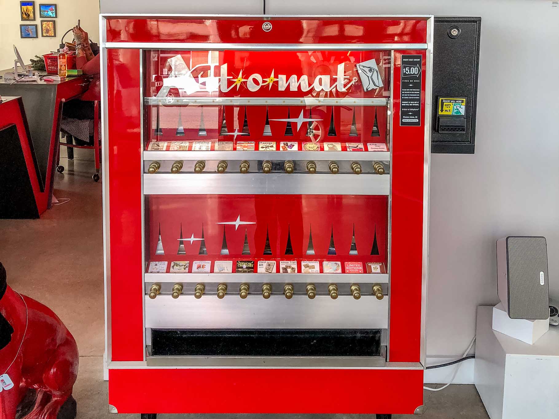 Art-o-Mat, an old-fashioned cigarette machine that dispenses art.