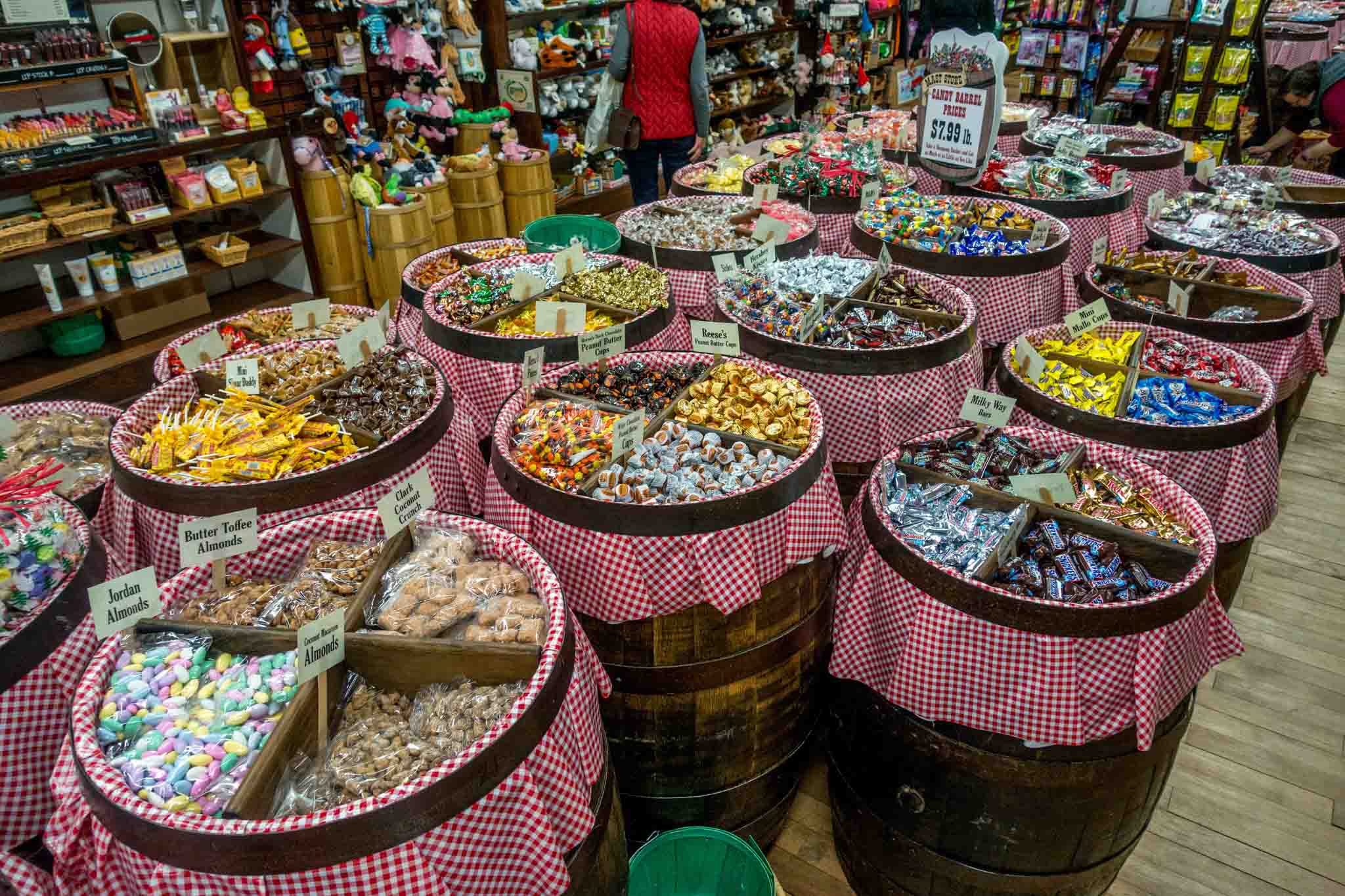 Barrels of bulk candy for sale at Mast General Store in Winston Salem
