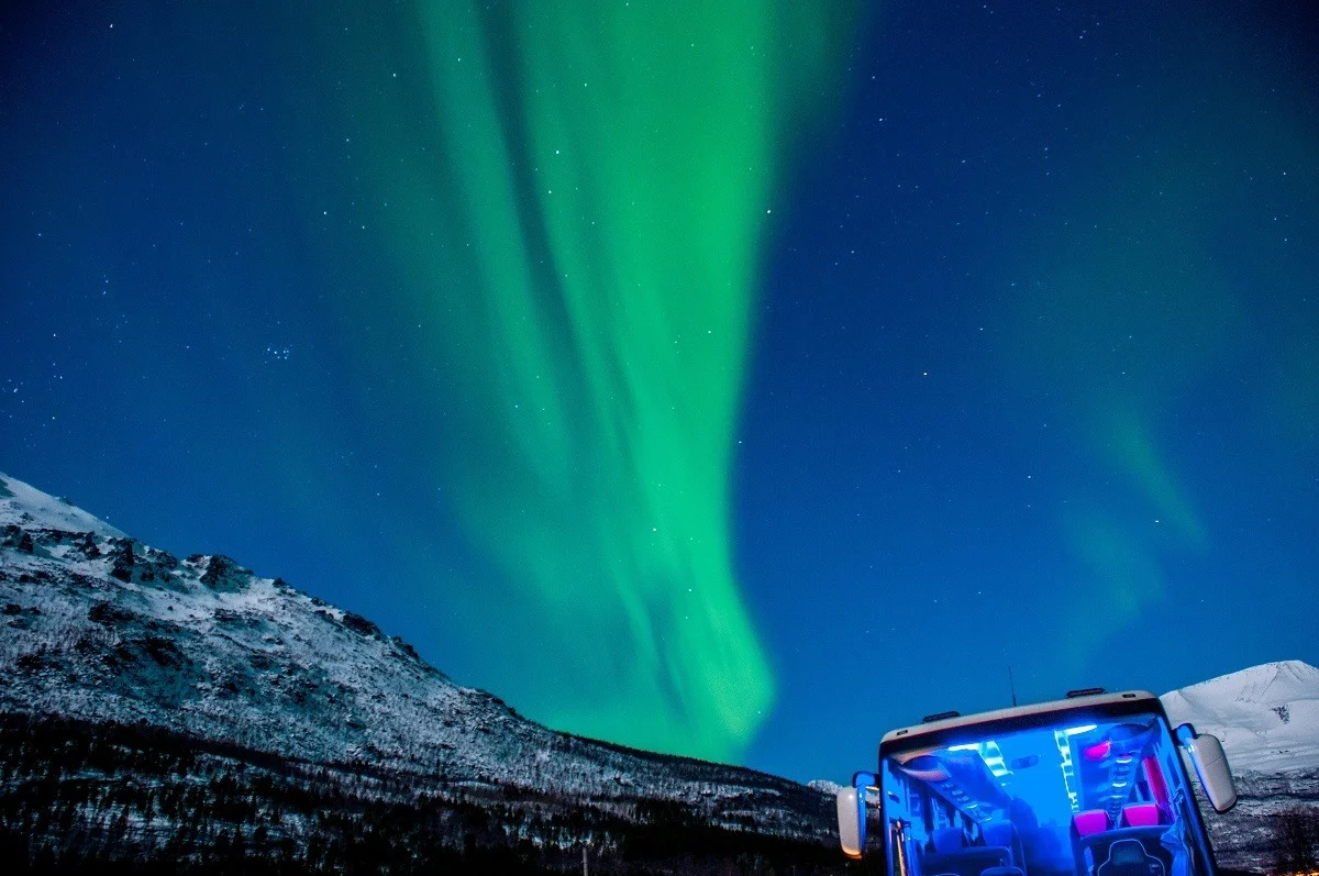 The aurora borealis visible above a Northern Lights Tour bus