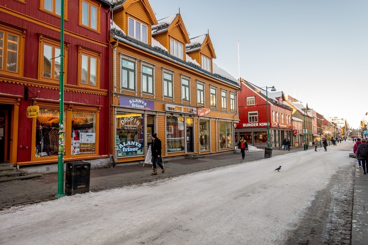 Shops along the main street in Tromso, Norway