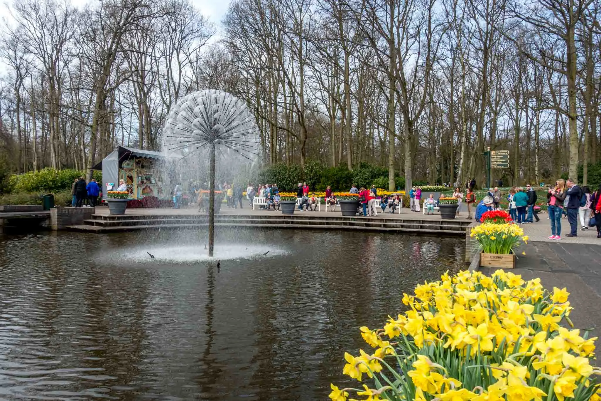 People walking around a pond with a fountain in the middle