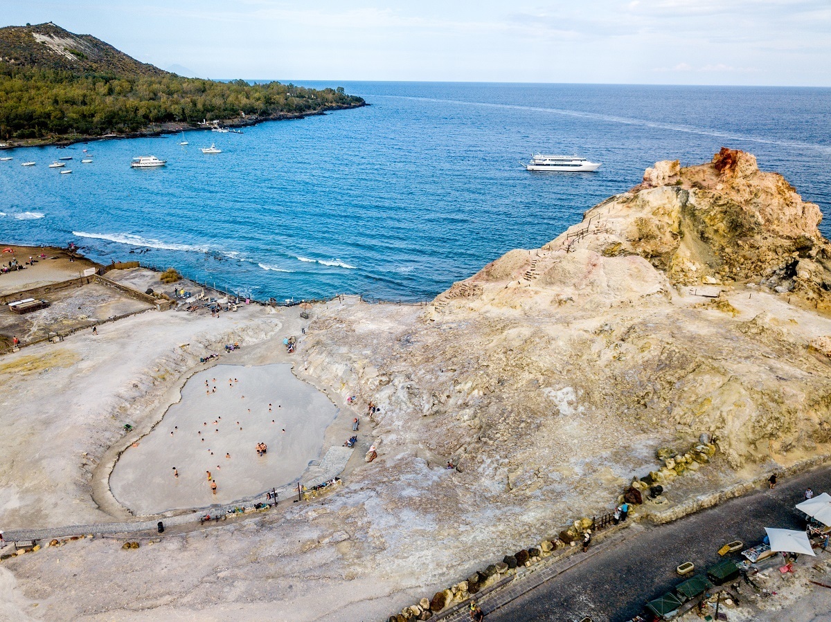 Aerial drone photo of the Vulcano mud baths and harbor.