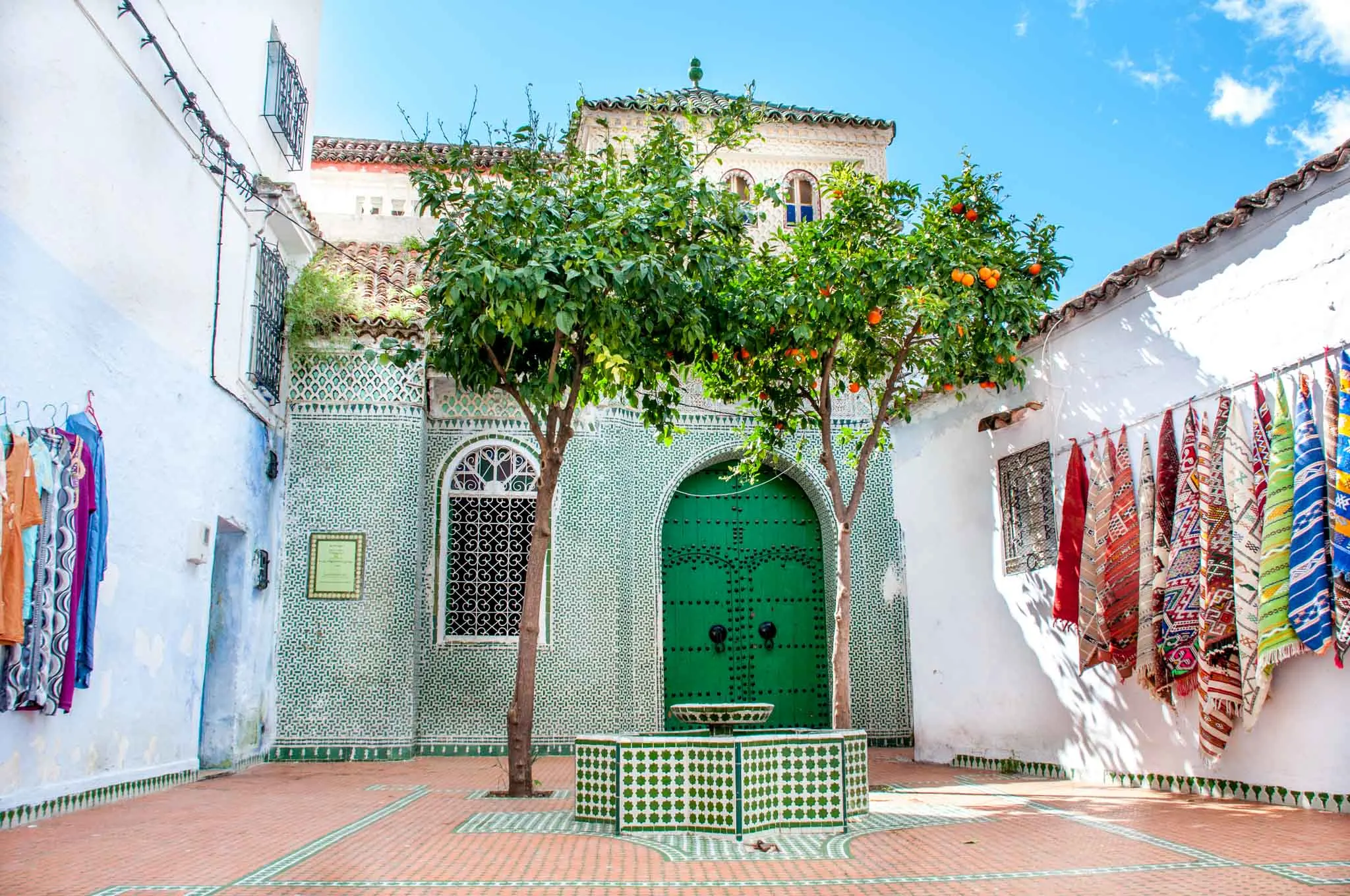 Green courtyard with orange trees