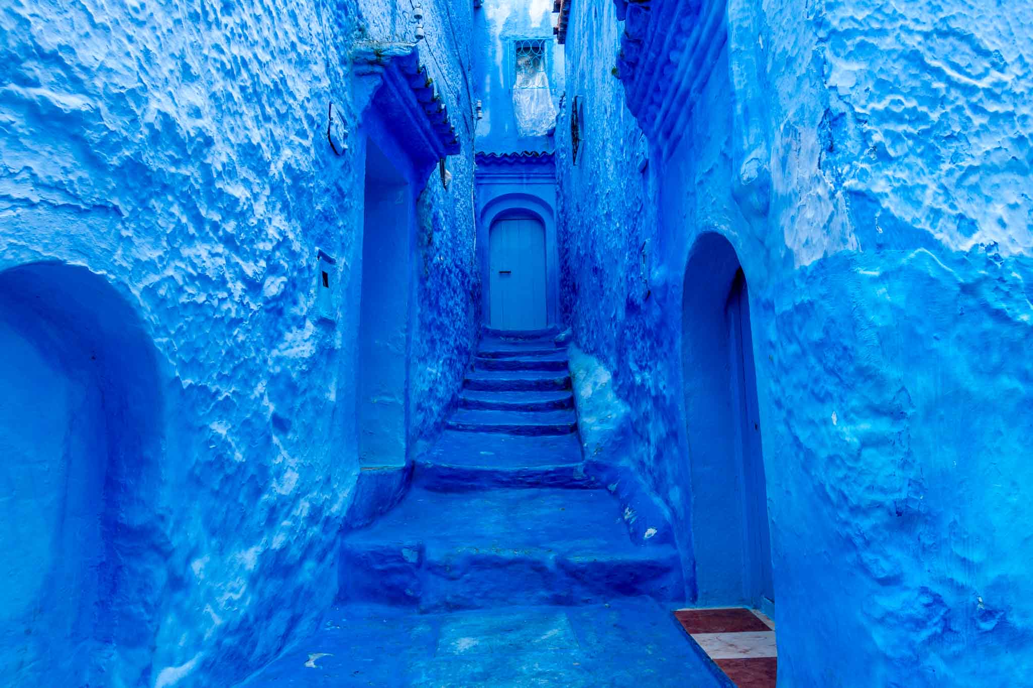 Solid blue passageway in Chefchaouen, Morocco