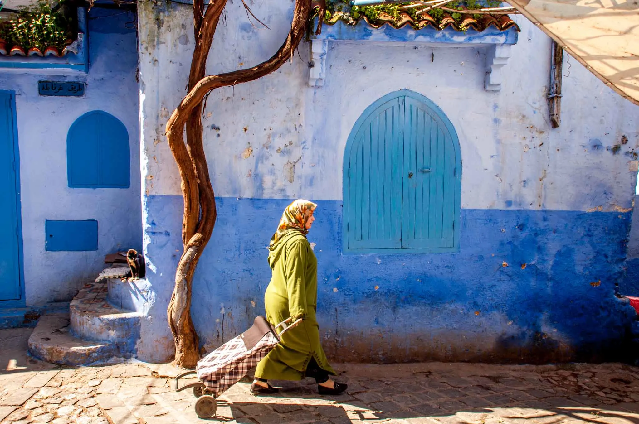 Woman wearing a green abaya walking by a blue wall.