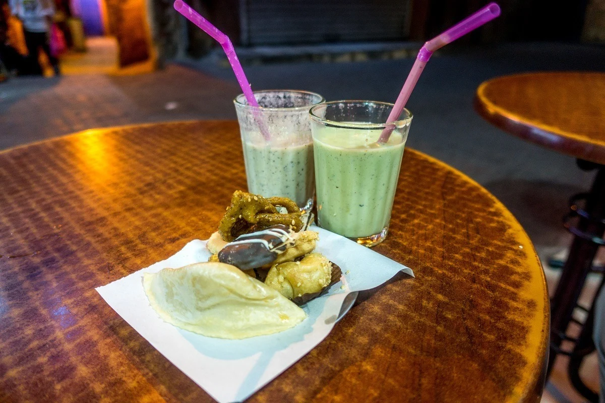 Avocado smoothies and pastries on a Marrakech food tour in Morocco