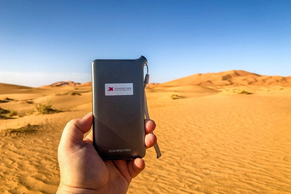 ROAMING MAN mobile wifi device in the Sahara Desert.