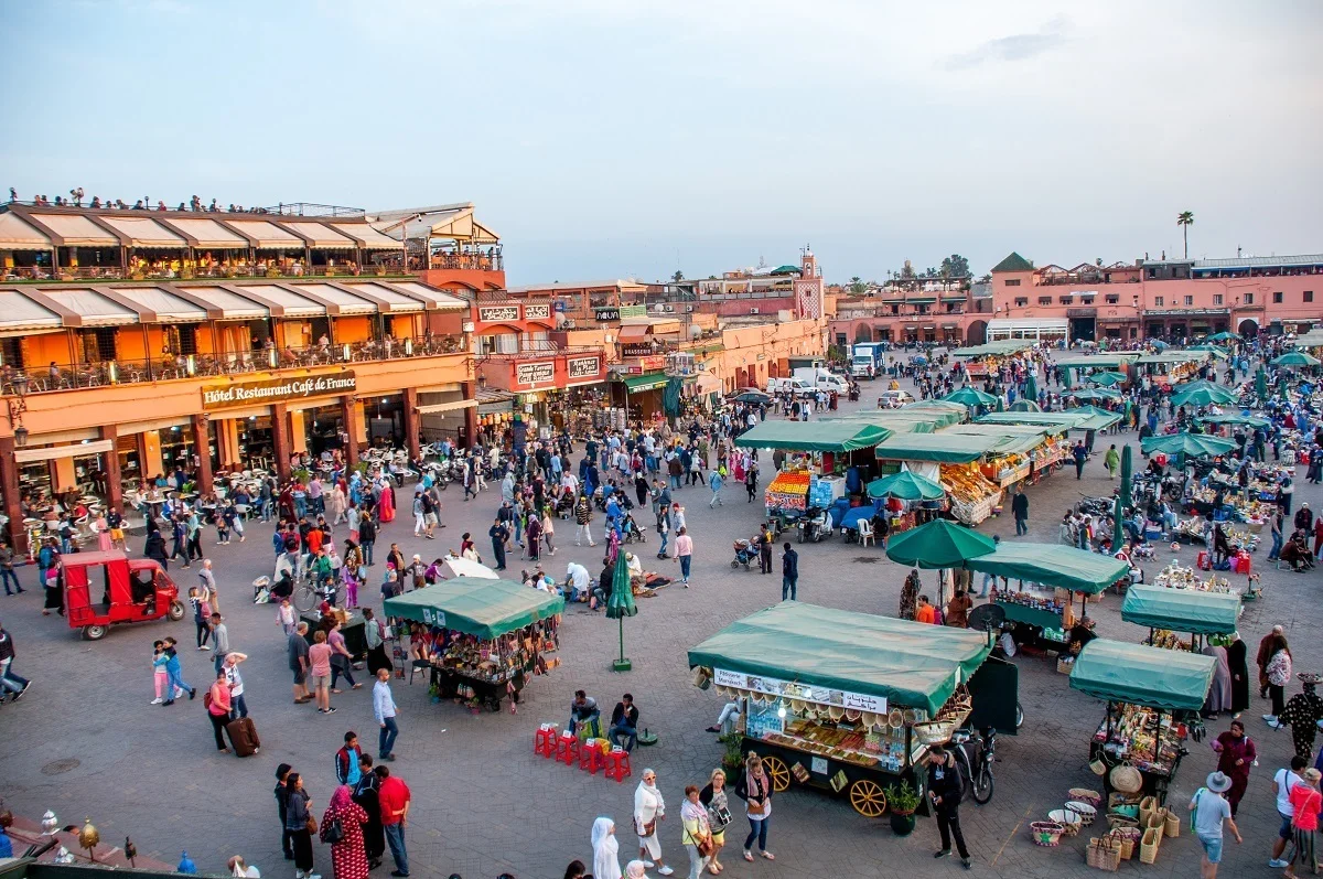 Overhead view of vendors in Jemaa el Fnaa square in Marrakech