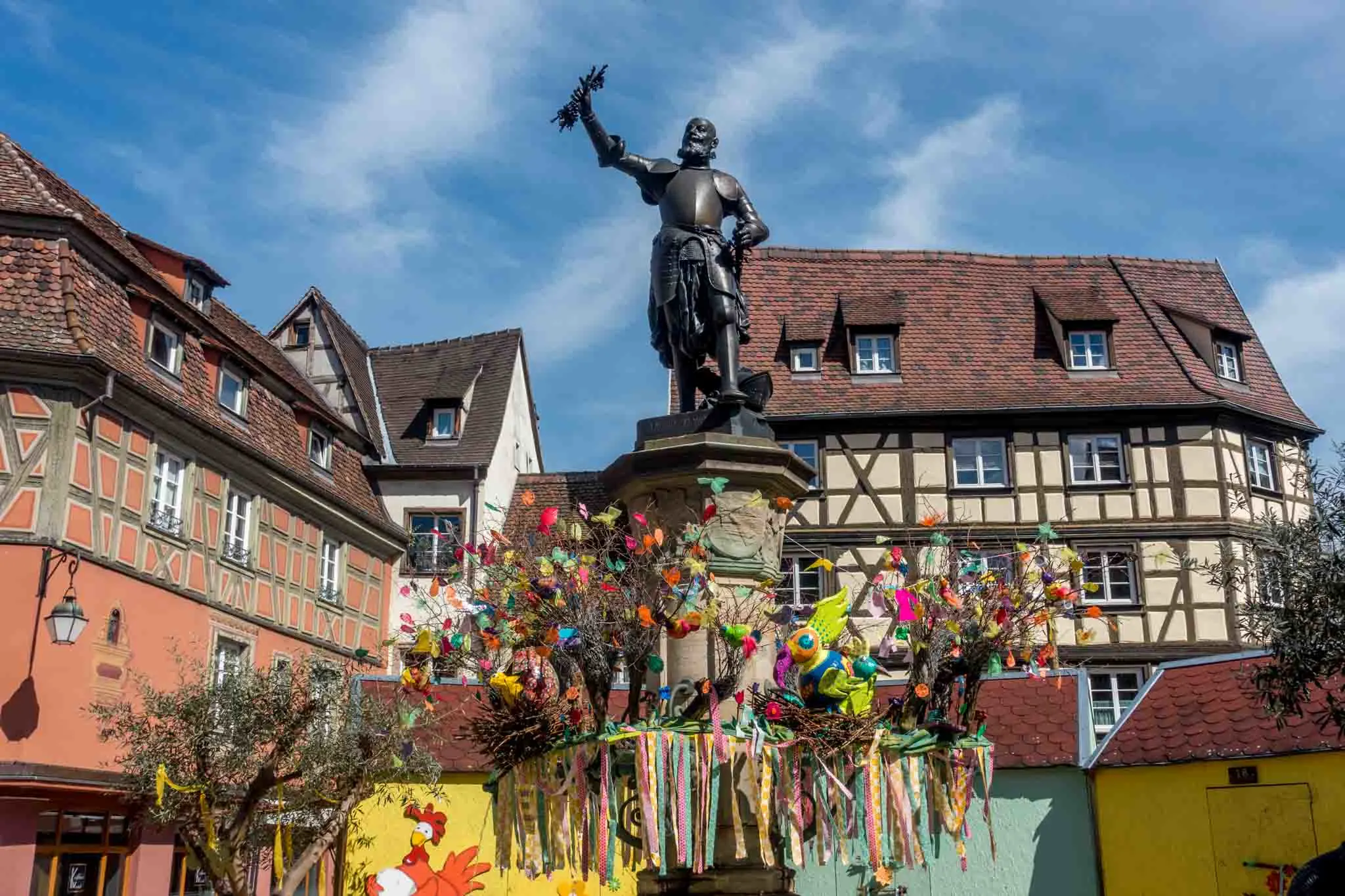 The Schwendi fountain in Colmar, France, decorated for Easter