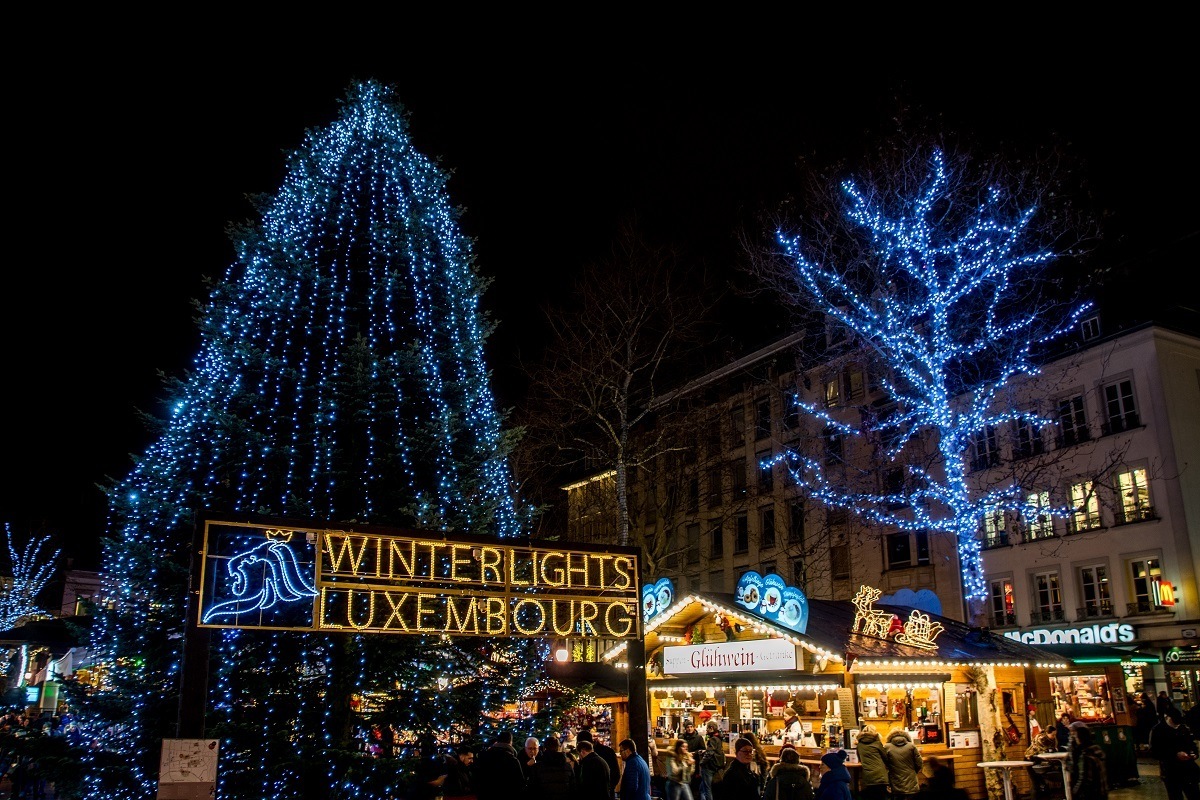 Christmas lights and vendors at Winterlights Luxembourg