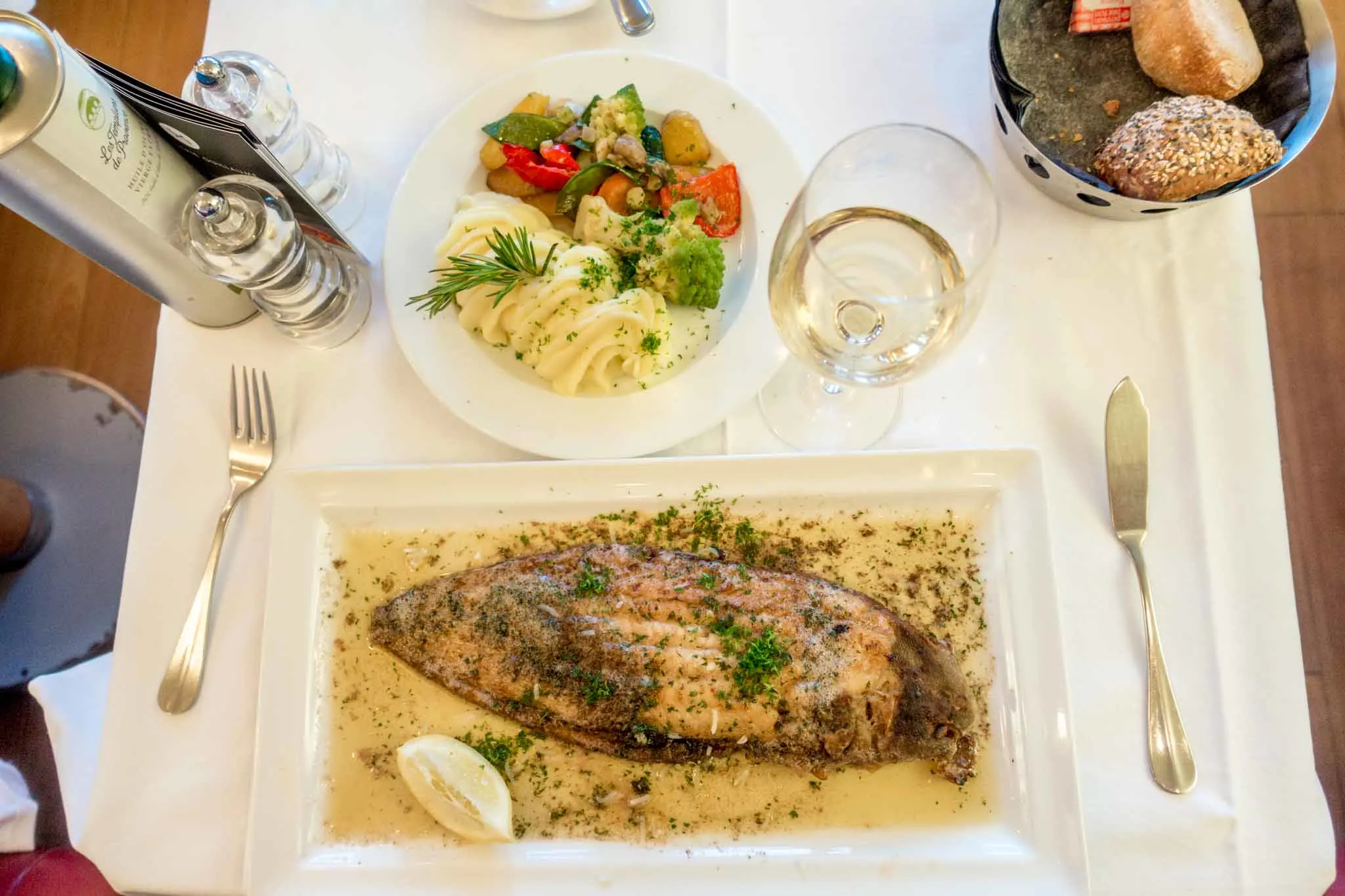 Fish and vegetables on a table.