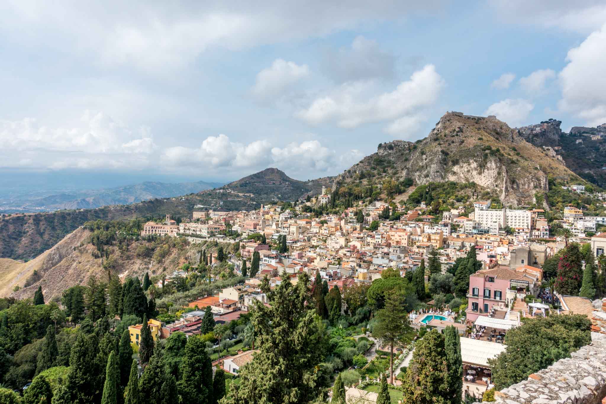 Panoramic view of a town and mountains