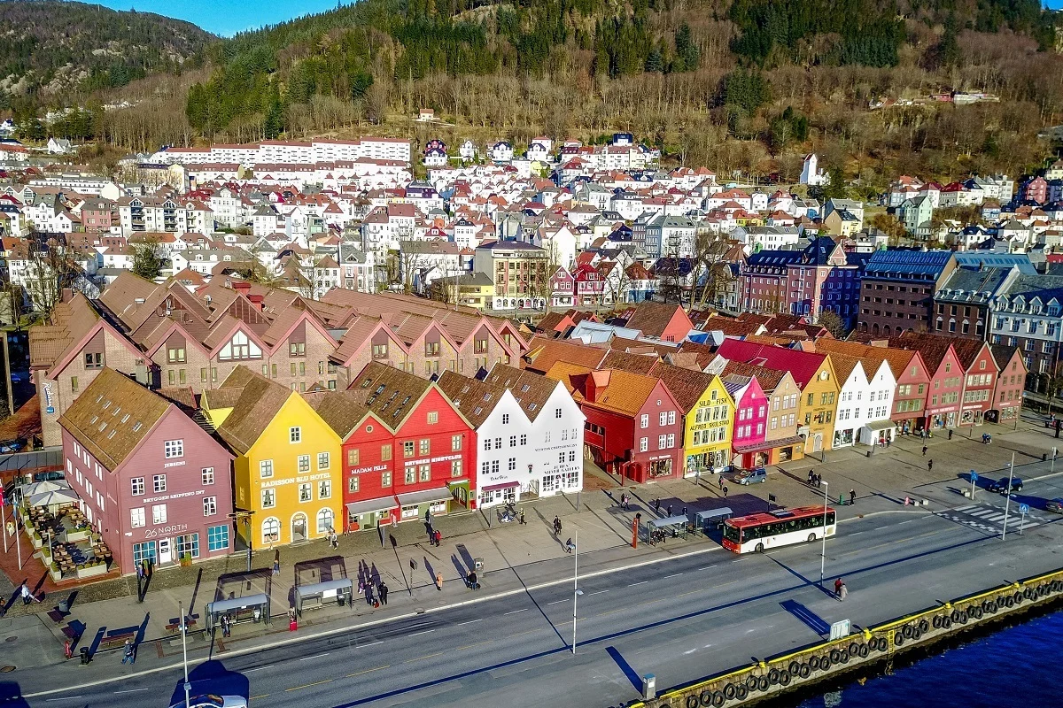 Overhead view of city buildings