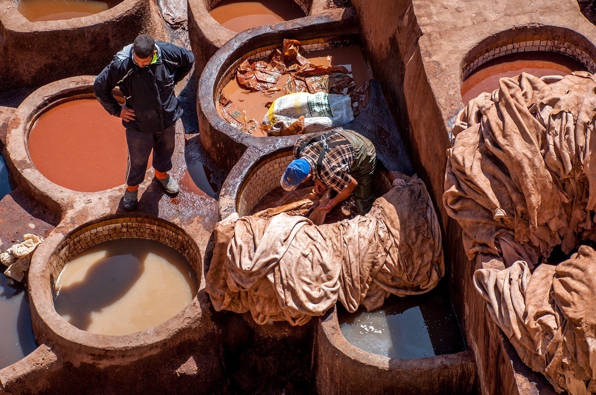 Men working at a tannery in Fez 