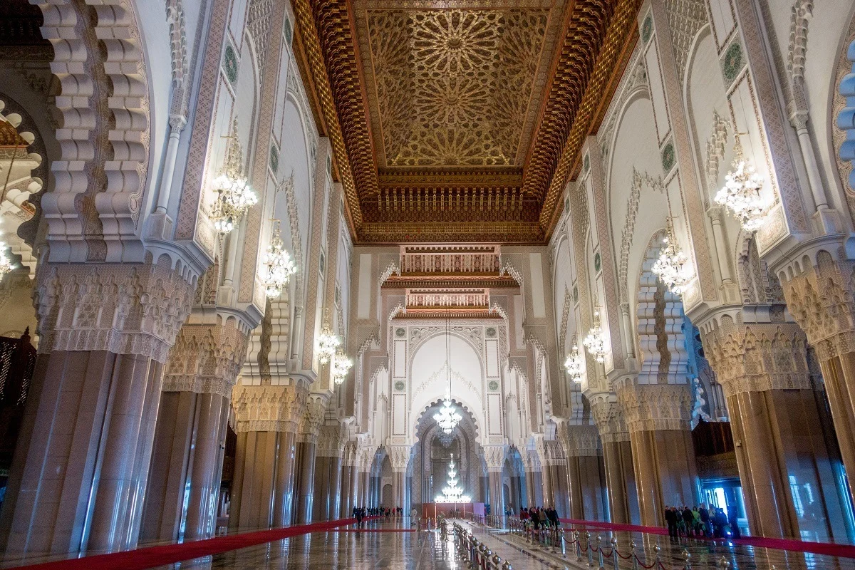 Arches and decorated interior of Hassan II Mosque in Casablanca