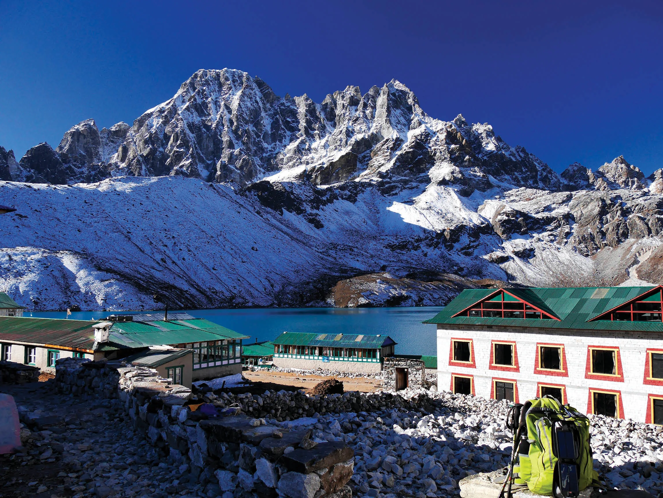 Tea houses in the mountains of Nepal near a lake