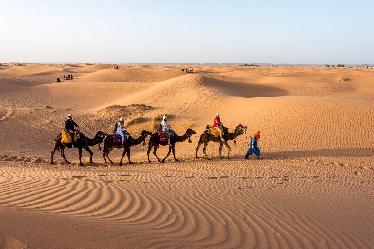 Line of people riding camels across sand dunes in Sahara desert