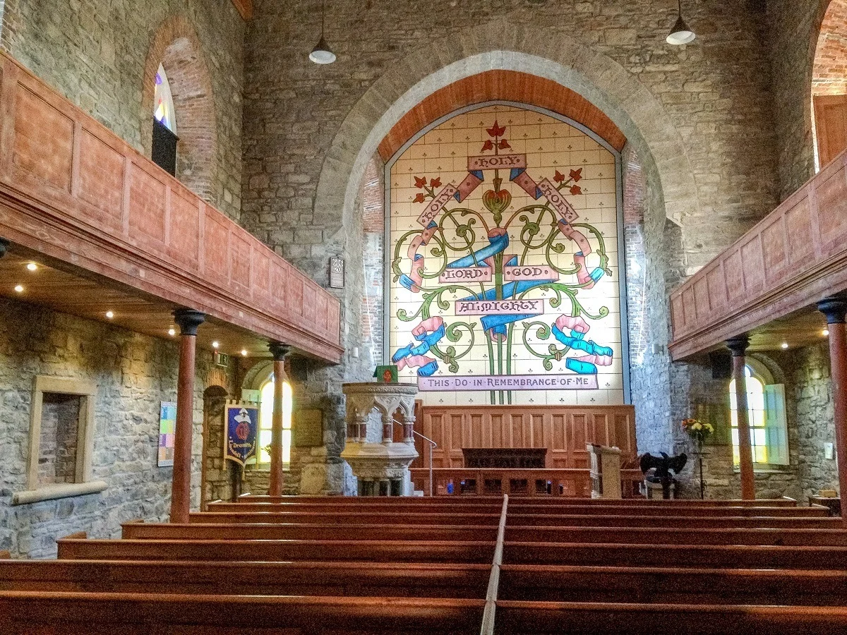 Church sanctuary with colorful mosaic