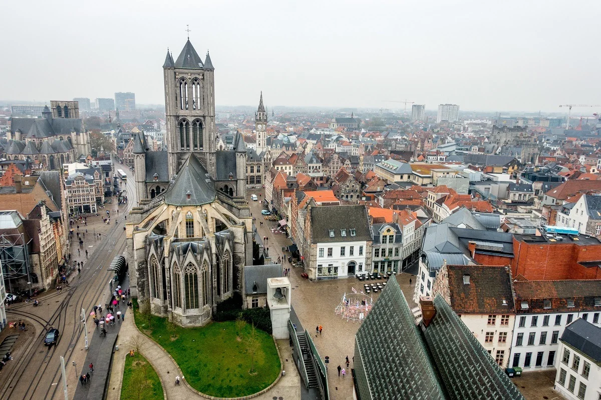 Overhead view of Ghent, including buildings and a bell tower.