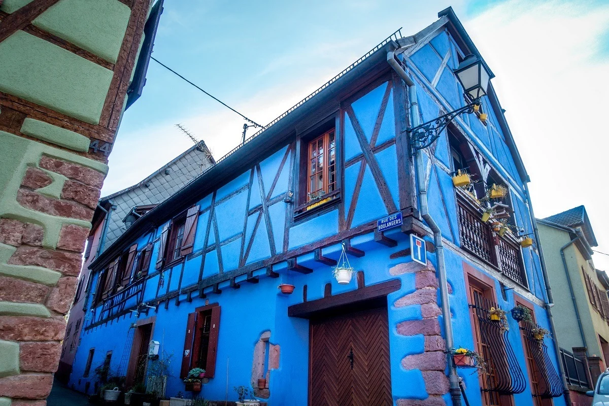Bright blue half-timbered building in Ribeauville, France