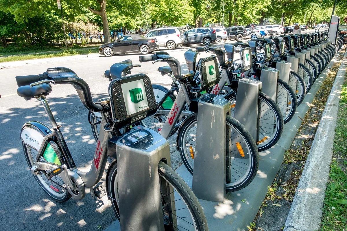 Line of bicycles in bike stands