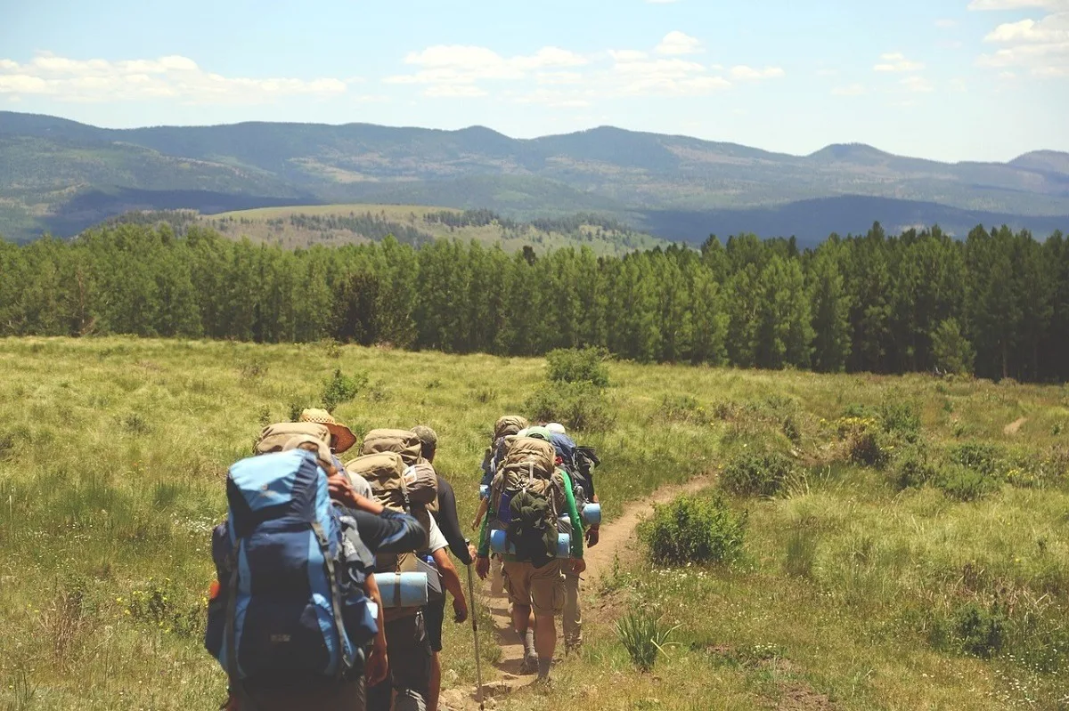 People hiking across a grassy meadow in the mountains with large backpacks