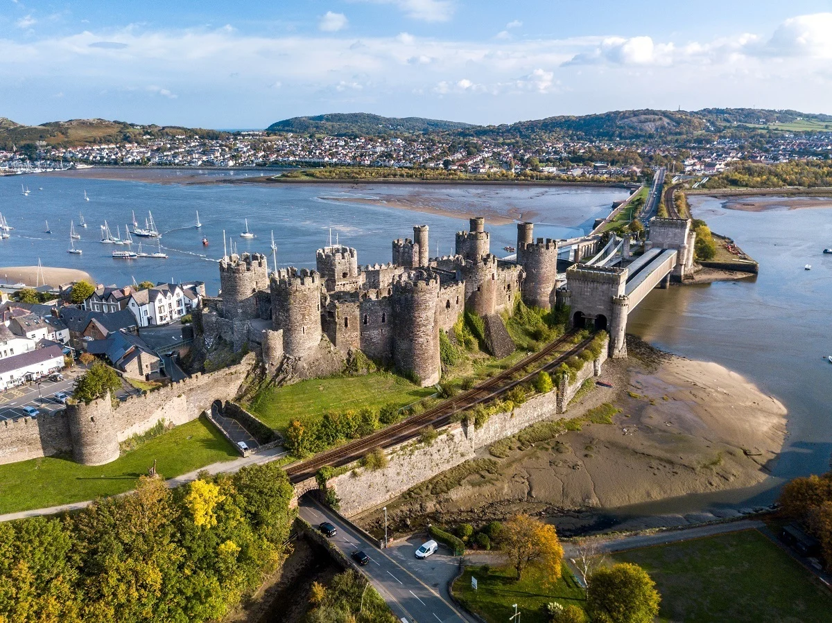 Overhead view of Conwy Castle and harbor