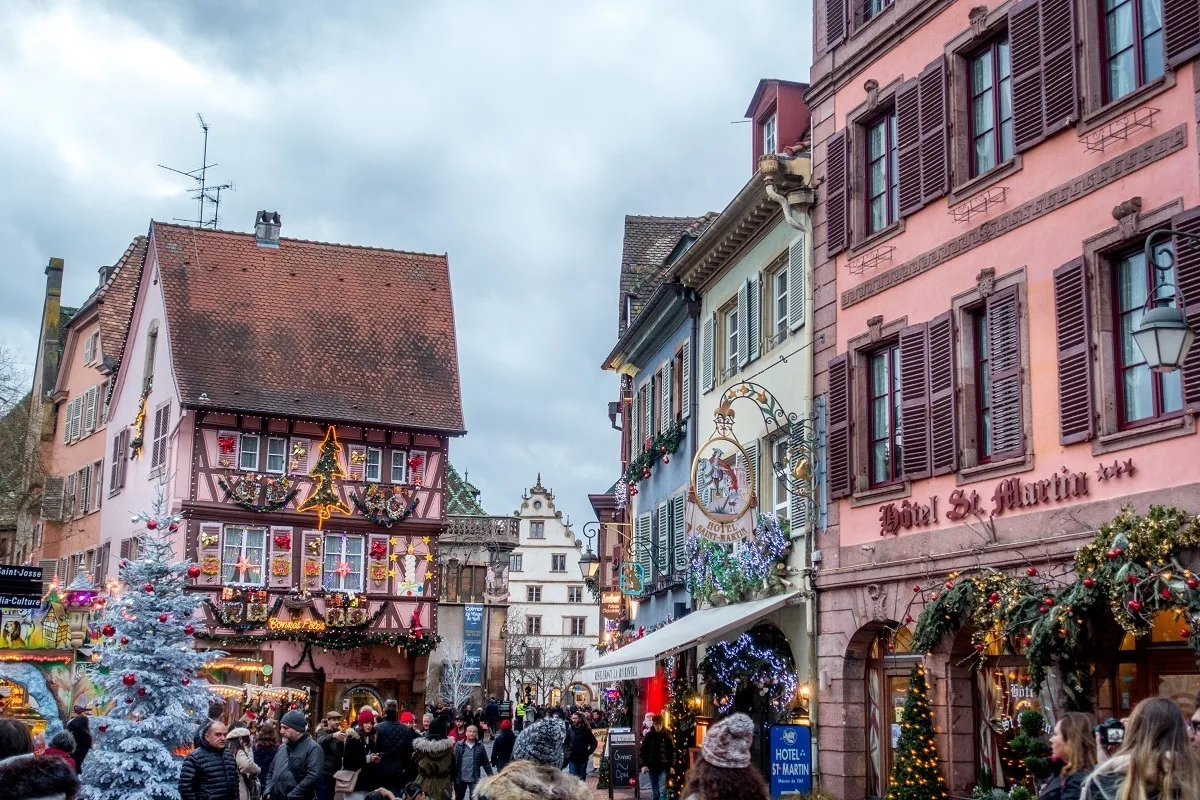 Buildings decorated for Christmas in Colmar France