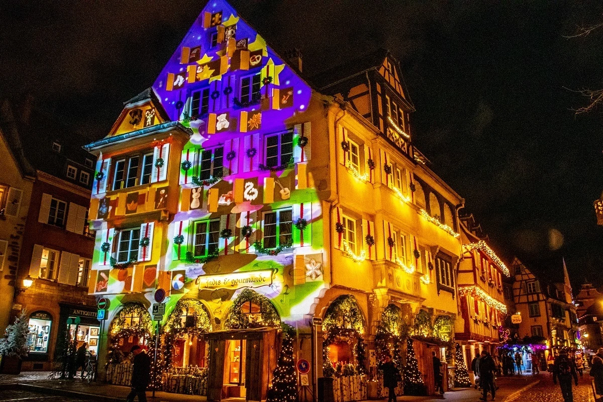 Christmas and winter imagery  projected on a building