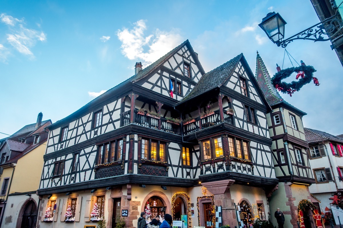 Half-timbered building decorated for Christmas