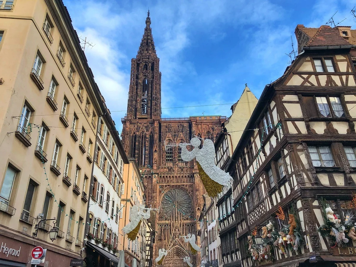 Strasbourg Cathedral in France with angels and Christmas decorations