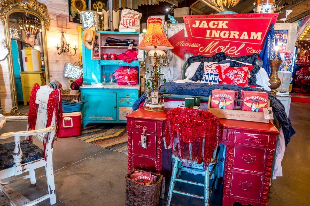 Displays of colorful home decor for sale at Junk Gypsy