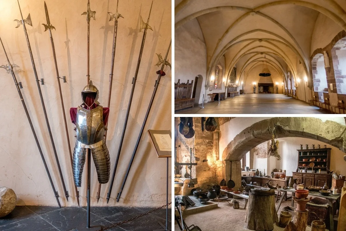 Suit of armor, vaulted ceilings, and kitchen details of Vianden Castle